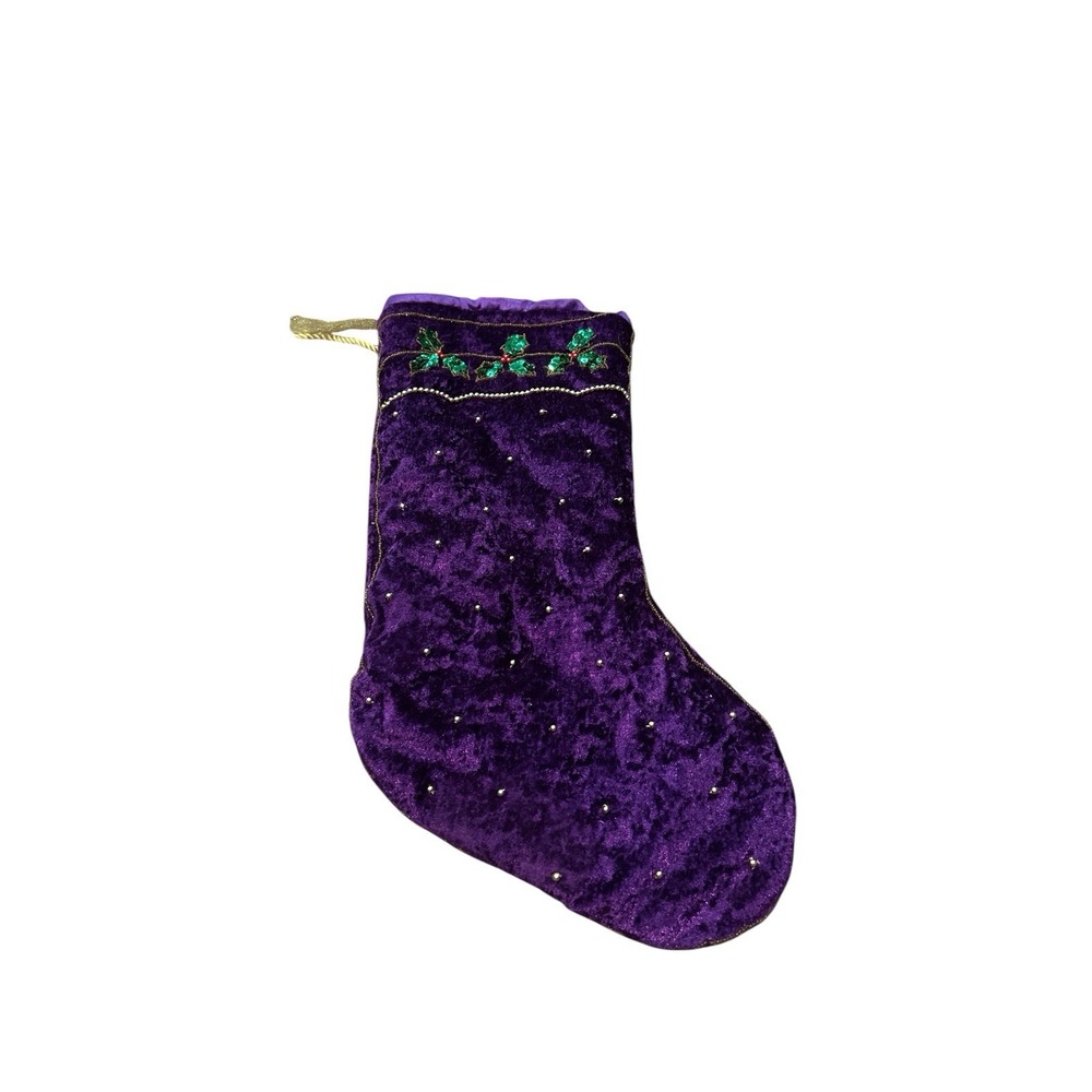 Vintage Sequined‎ Green And Red Holly Gold Lined Royal Purple Christmas Stocking